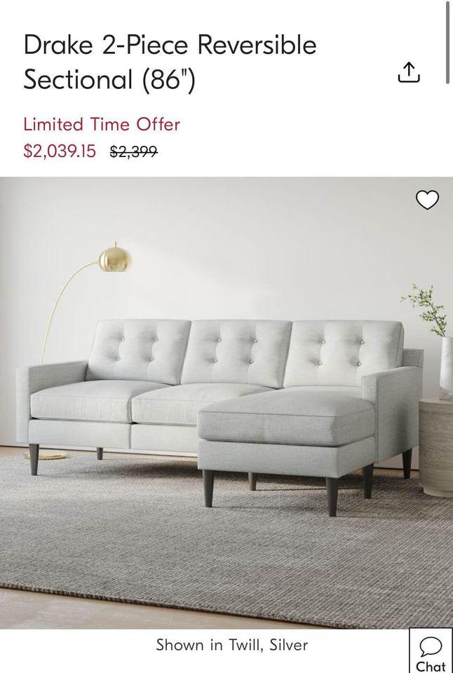 West Elm 86” right side chaise sofa