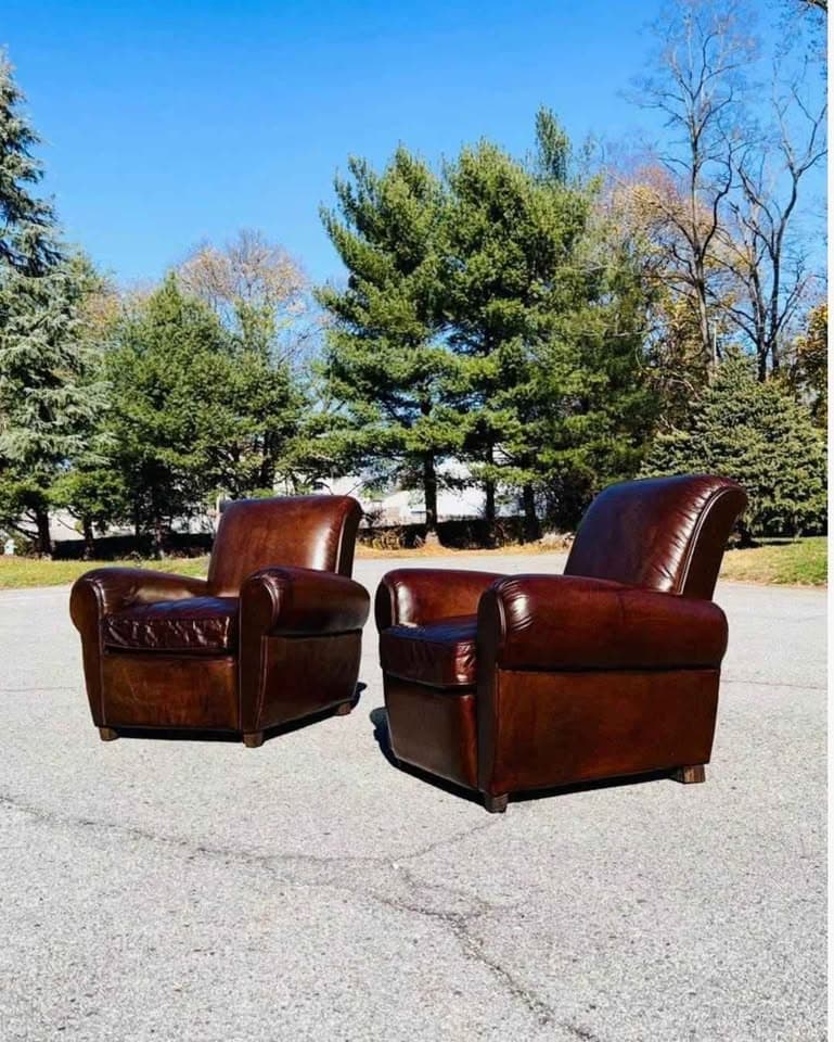 Pair of Restoration Hardware 1920s Parisian Venetto Cocoa Leather Club Recliners in nice condition.