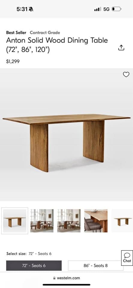 West Elm Dining Table 72” inches