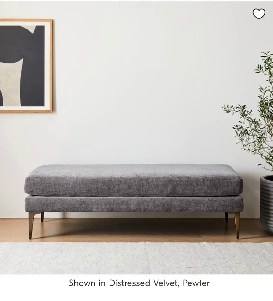 West Elm Andes Bench, Poly, Distressed Velvet, Pewter, Blackened Brass