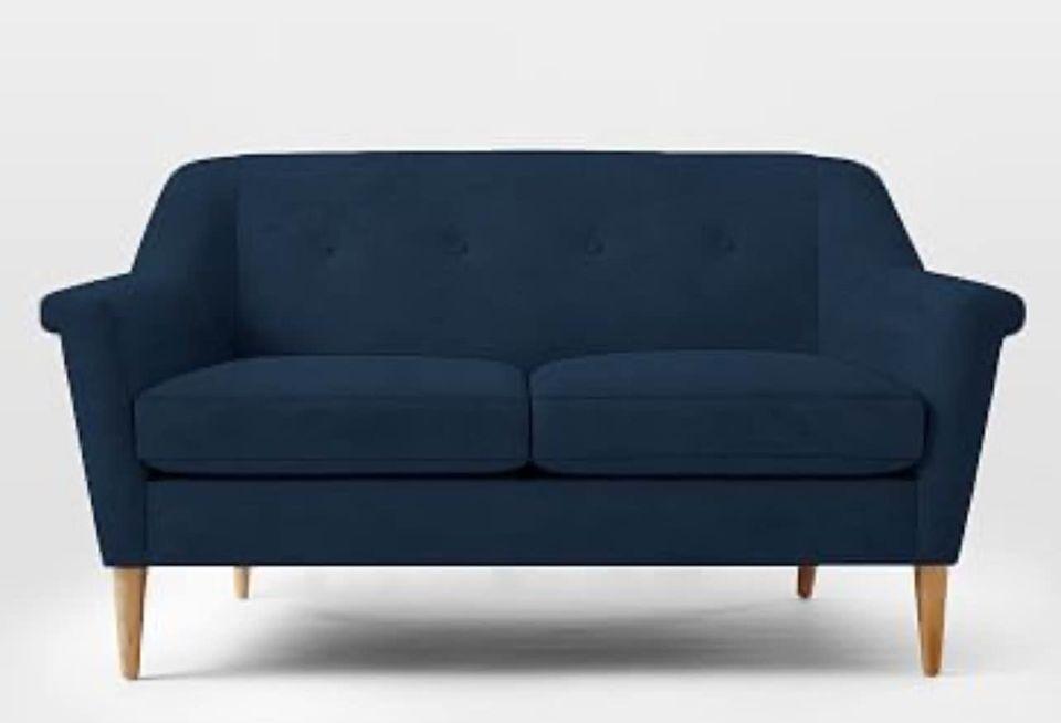 West Elm Love Seat in Ink Blue Performance Velvet