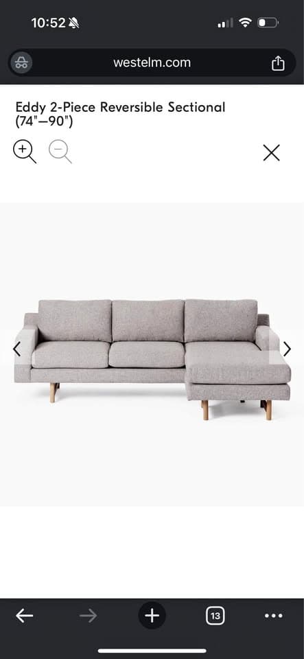 West Elm Eddy 2 Piece Reversible Sectional Couch (EXCELLENT Condition!!) - $850 (Mountain View)