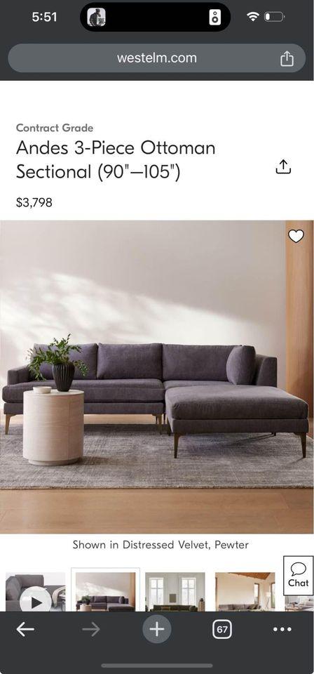 Beautiful West Elm Couch Andes 3-Piece Ottoman Sectional