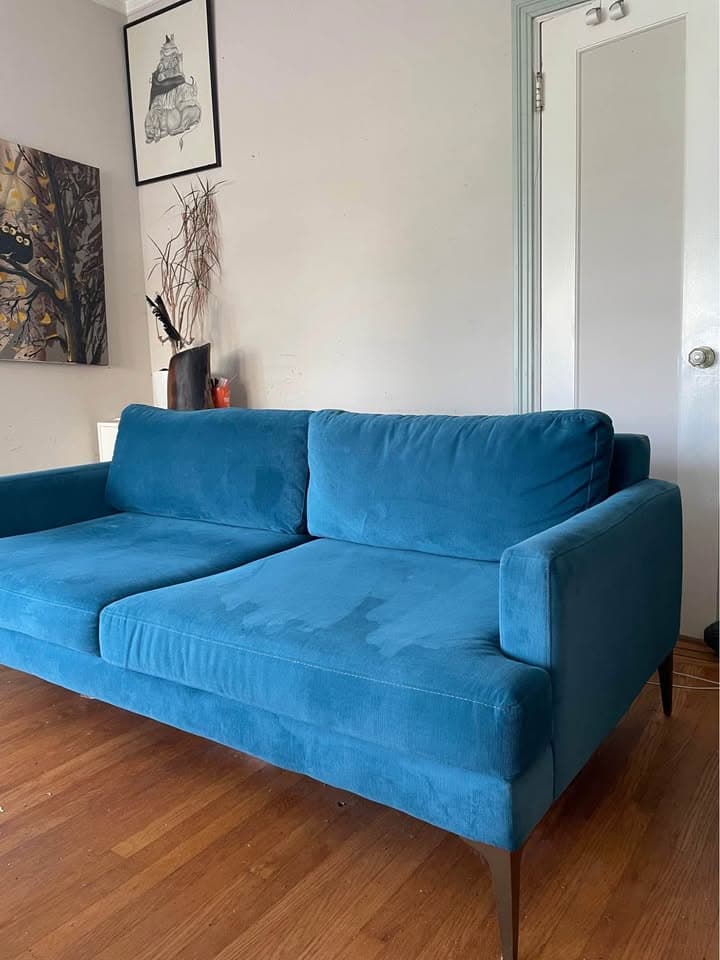 West Elm Andes Sofa 75” Distressed Performance Velvet Blue Teal no longer made in this color