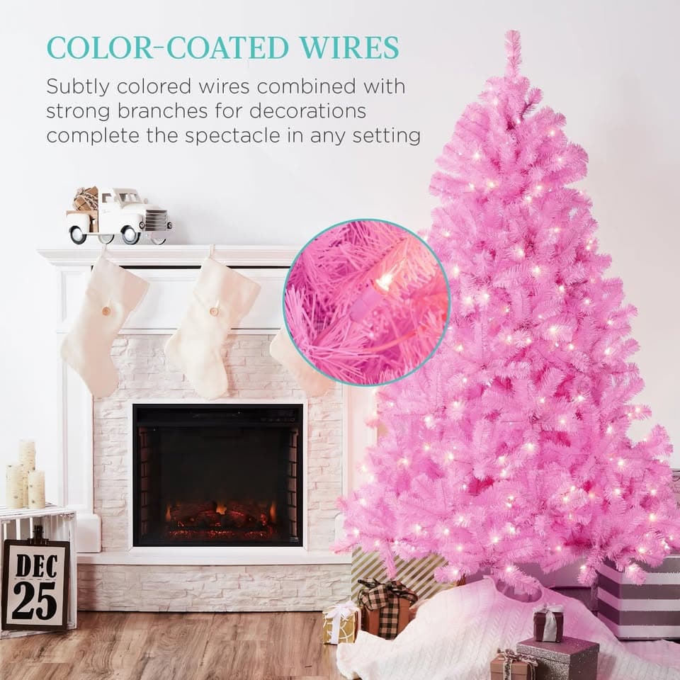 Best Choice Products 6ft Pre-Lit Pink Christmas Tree, Artificial Holiday Decoration w/ 947 Branch T