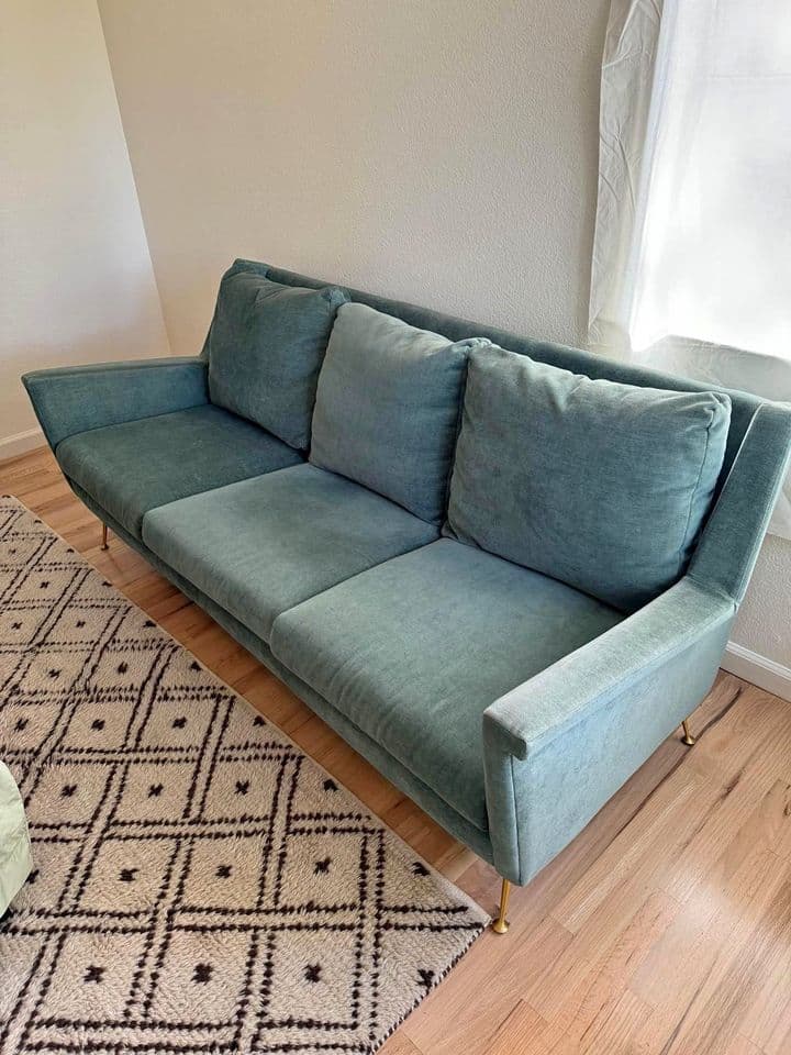 west elm Carlo teal sofa