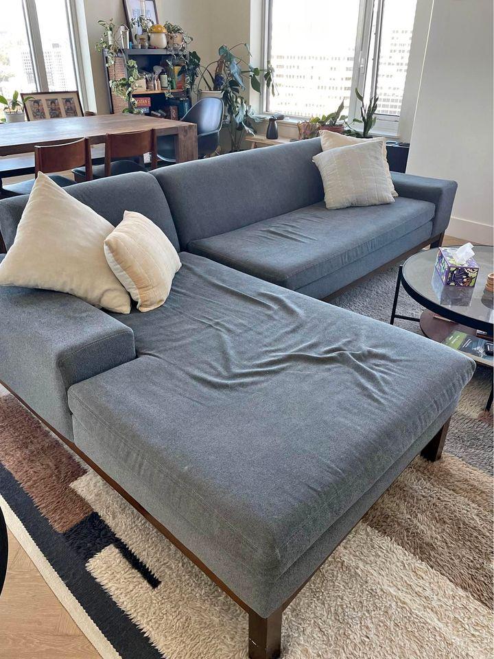 Blue West Elm 2 piece  “L” shaped couch