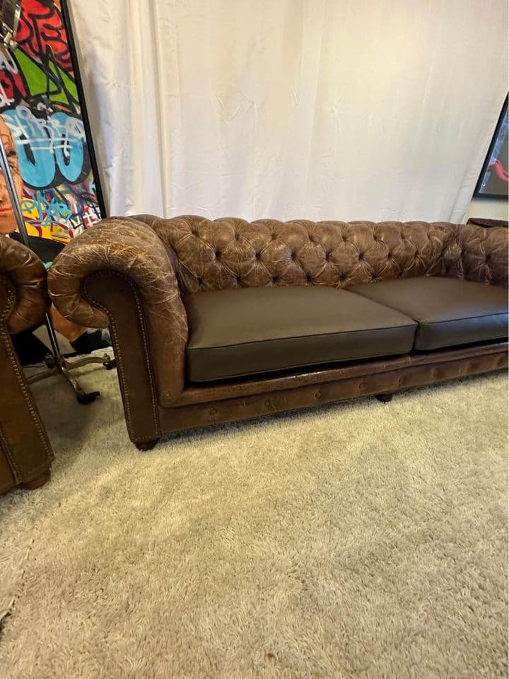 Restoration Hardware 96” Brown Leather Kensington Chesterfield Tufted Sofa Couch- Delivery Available